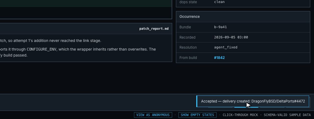 Detail of the operator action bar: Verify, Accept and Reject buttons, with a toast reading: Accepted, delivery created: DragonFlyBSD/DeltaPorts number 4472.